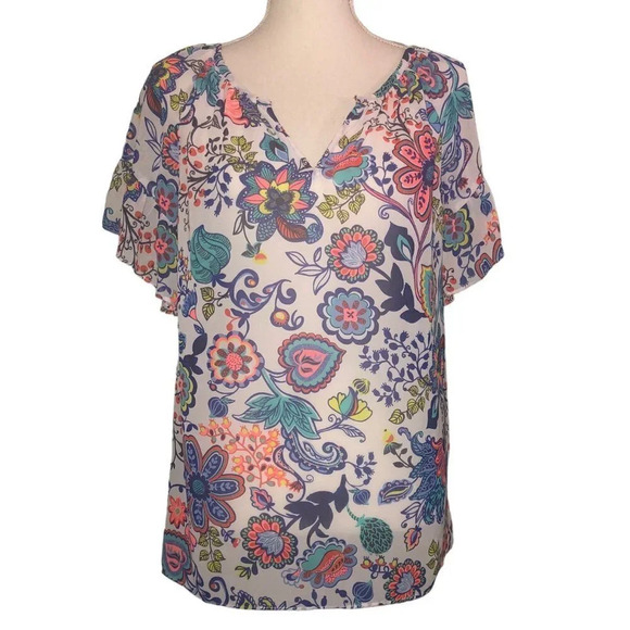 MILLY for Design Nations Sz M Women's Multi-Color Floral Short Sleeve Blouse Top - Picture 1 of 5
